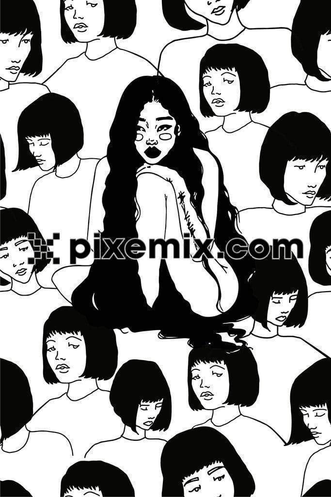 Black and white illustration of stylish womens product graphic with seamless repeat pattern