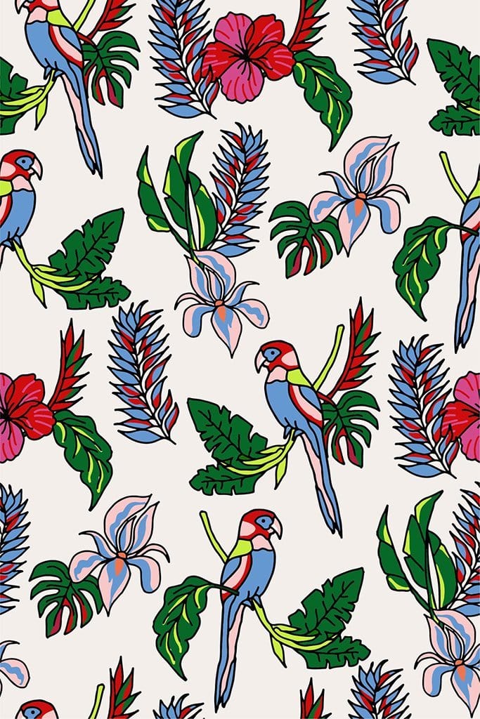 Macaw around tropical leaves and flowers product graphic with seamless repeat pattern