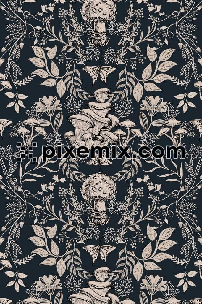 Mushrooms with flowers and leaves product graphic with seamless repeat pattern