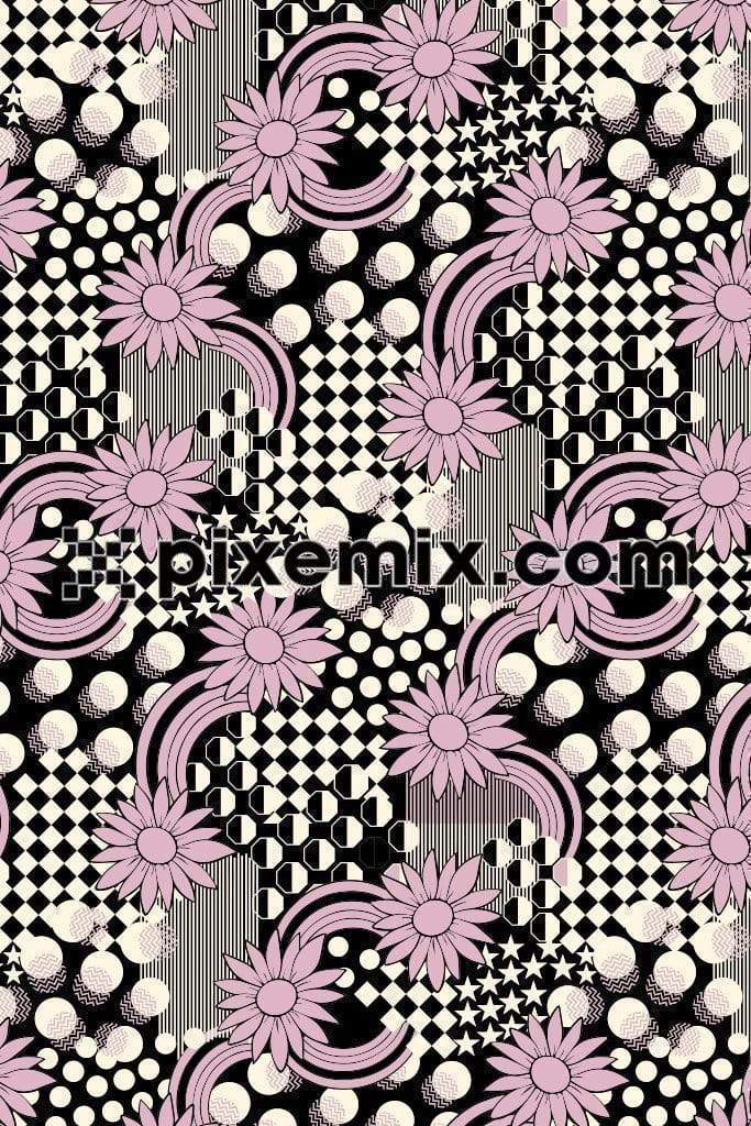 Flowers with geometric patterns product graphic with seamless repeat pattern