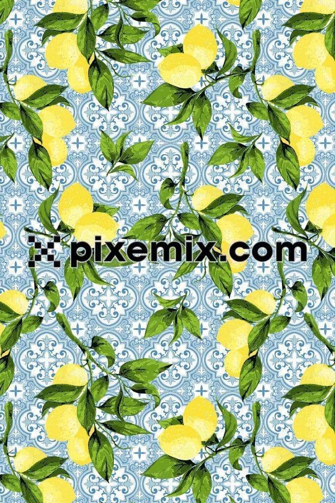 Lemons and leaves bunch with ornet background product graphic with seamless repeat pattern