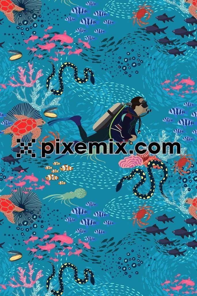 Underwater scuba diving with sea creatures product graphic with seamless pattern