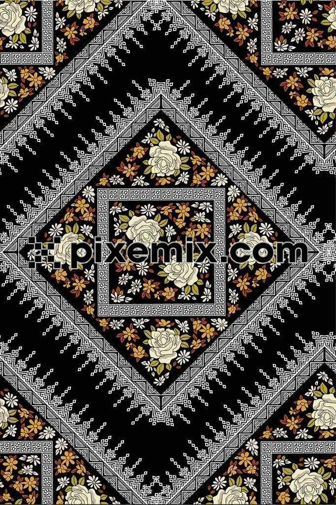 Flowers and leaves with geometric tribal patterns product graphic with seamless repeat pattern 