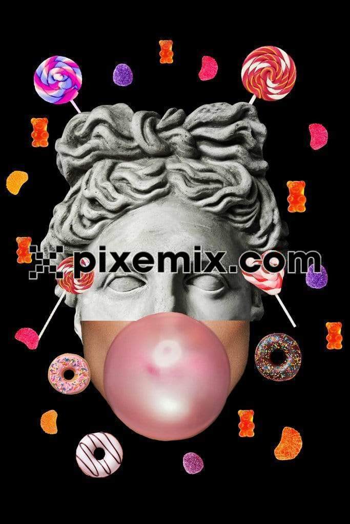 Donuts and gummy bears with photo manipulation of face vector product graphic