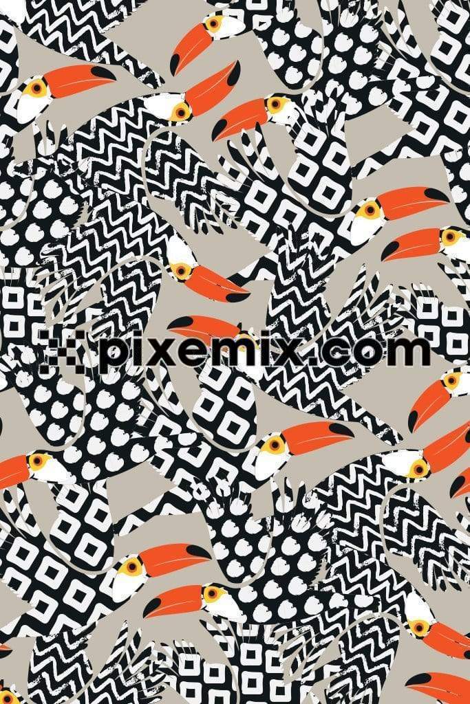 Birds with abstract geometrical patterns product graphic with seamless repeat pattern