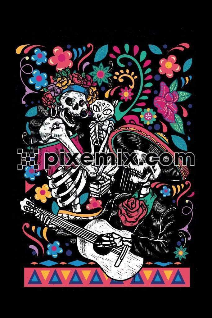 Skeletons with flowers and flower doodling taking inspiration from day of the dead vector product graphic