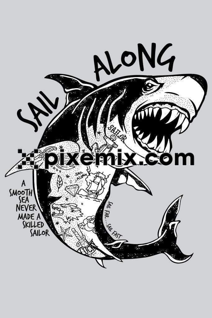 Shark with doodle of sea related elements and typography vector product graphic