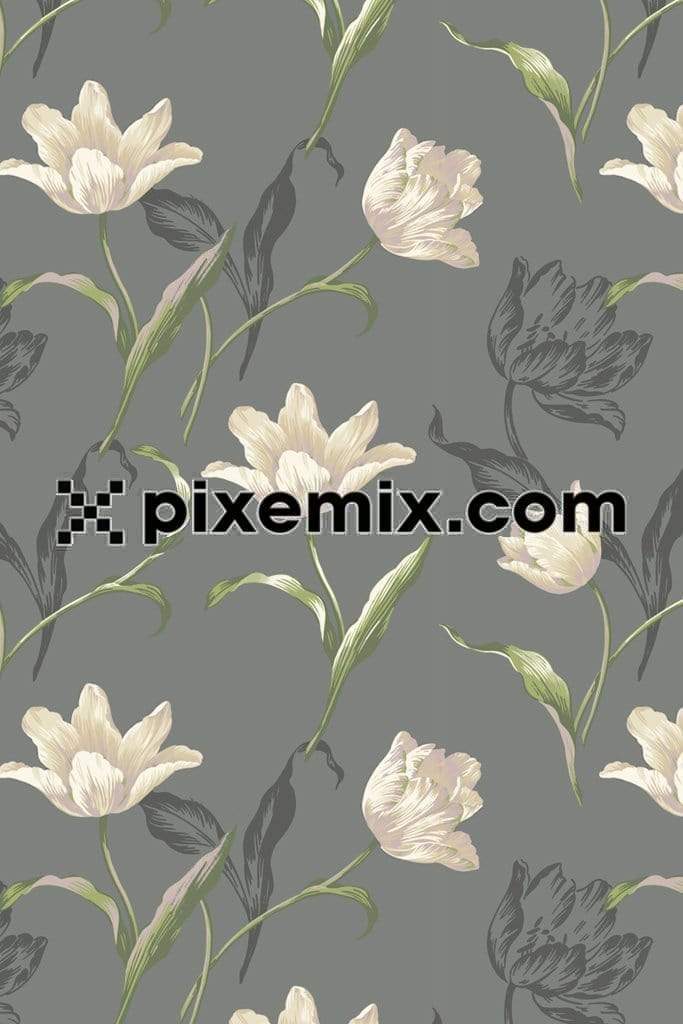 White decorative flowers product graphic with seamless repeat pattern