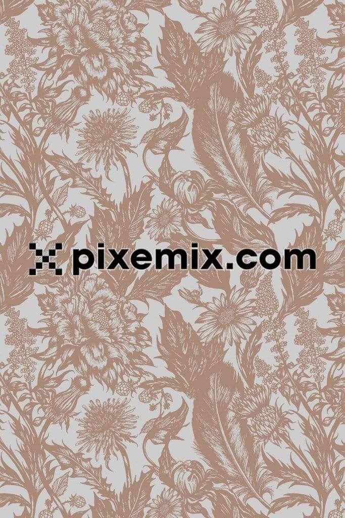 Vintage floral and leaves product graphic with seamless repeat pattern