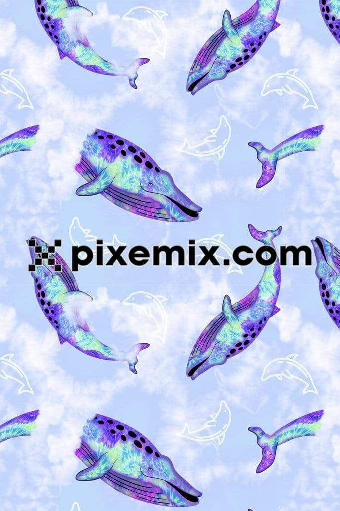 Cute dolphines & tie-dye background product graphic with seamless repeat pattern