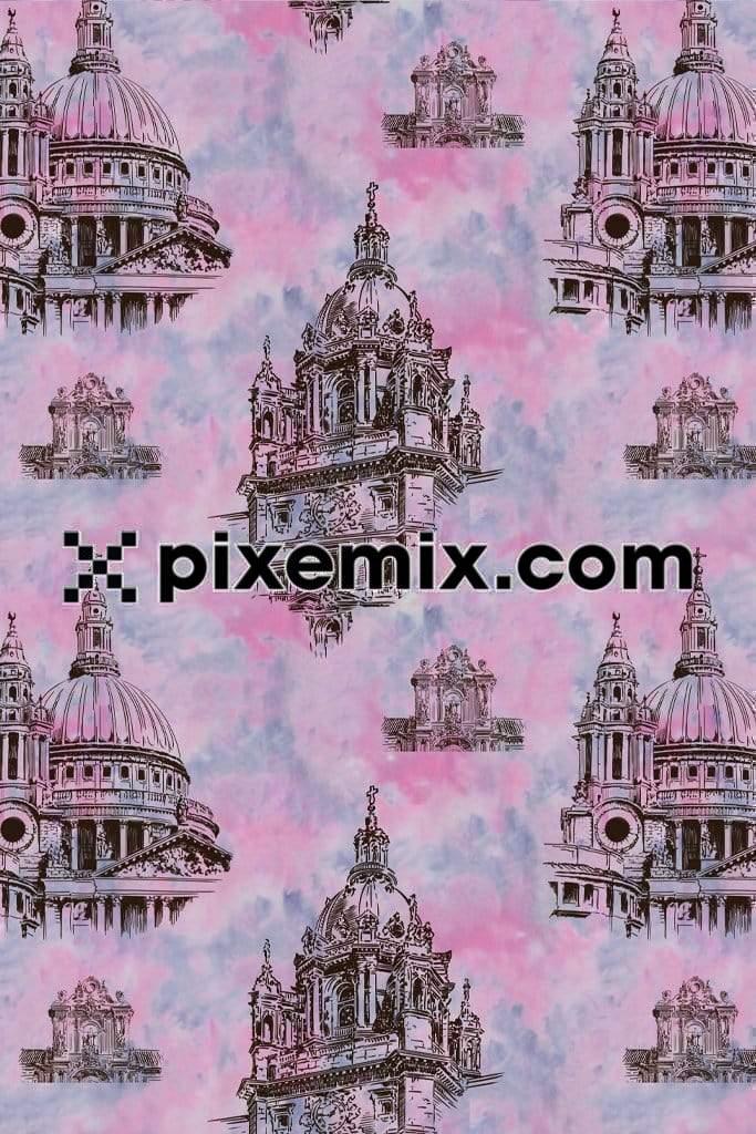 Vintage architecture tie-dye background product graphic with seamless repeat pattern