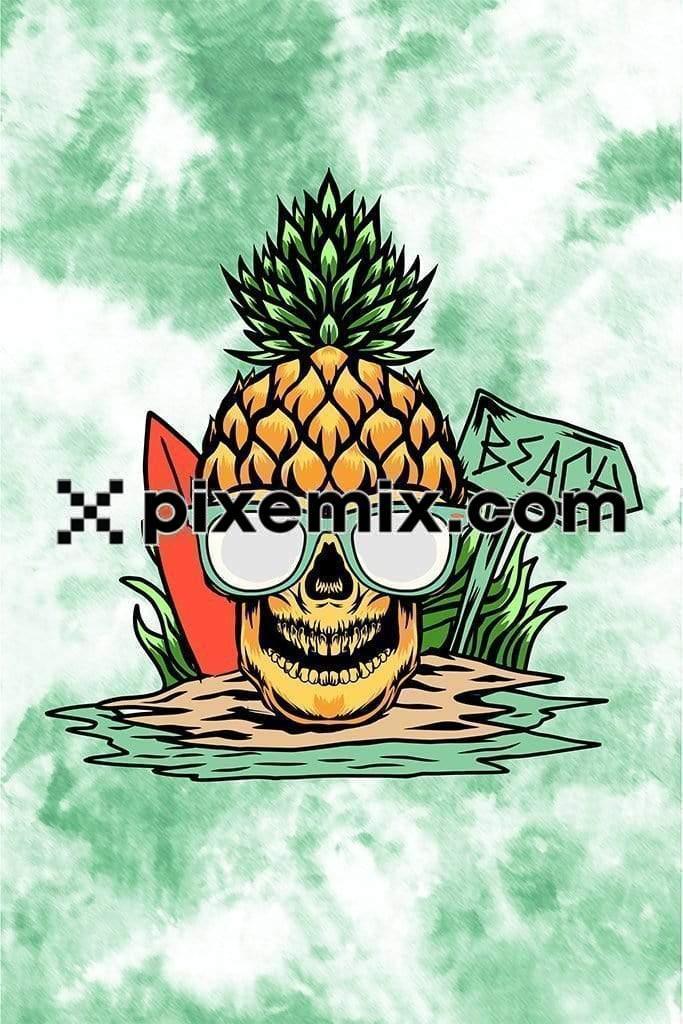 Beach inspired pineapple skull wearing glasses placement product graphic with tie-dye background 