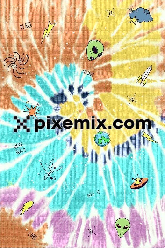 Alien & space vector icons art placement product graphic with multicolored tie-dye background 