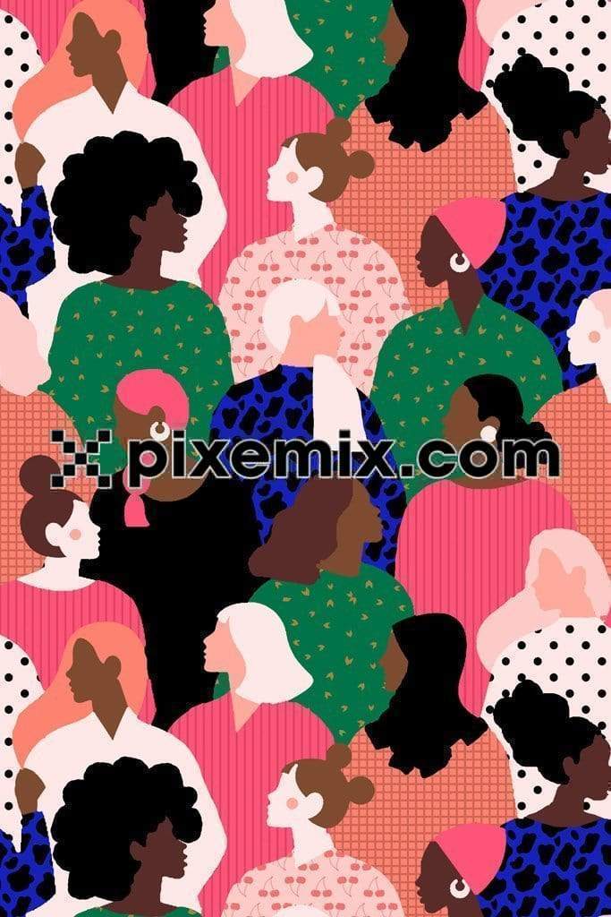 Camouflaged colorblock woman illustration product graphic with seamless repeat pattern 