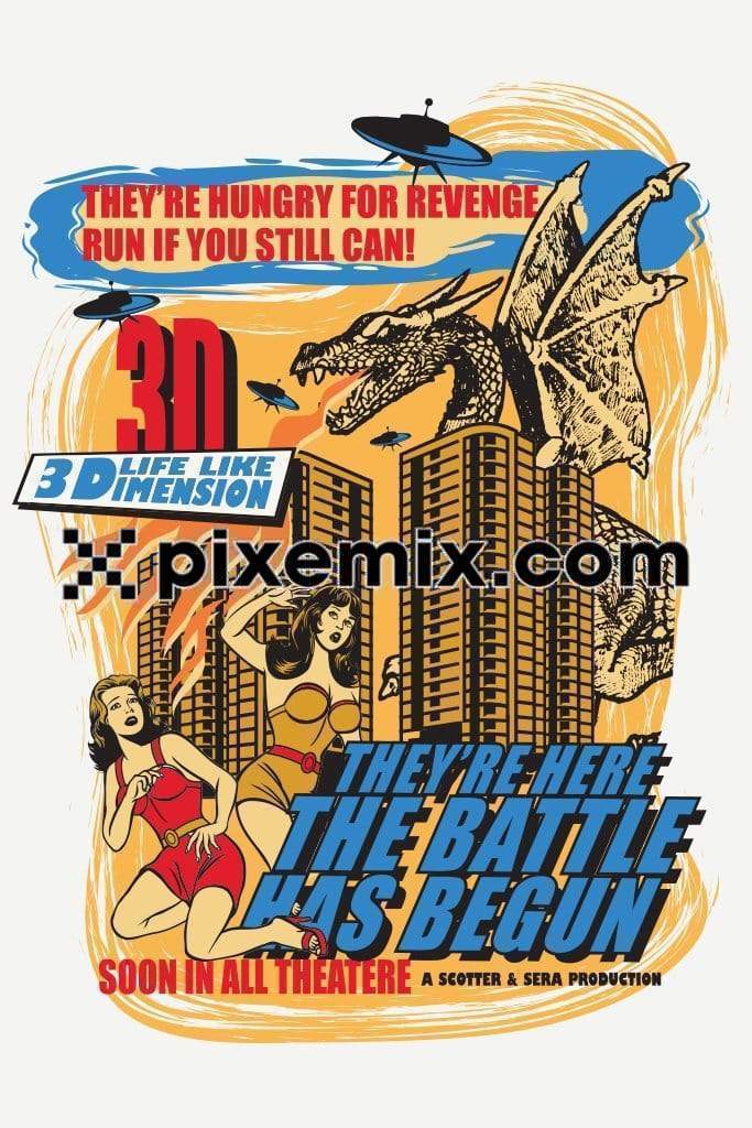 Vintage city dragon and girl vector product graphic