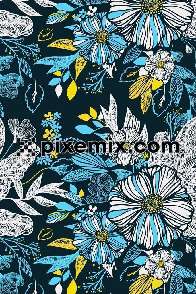 Tropical leaves and flowers with seamless repeat pattern
