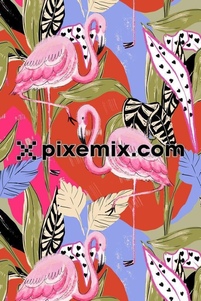 Pink flamingo and tropical leaves with seamless repeat pattern