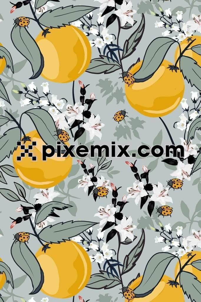 Branches with leaves, flowers and oranges with seamless repeat pattern