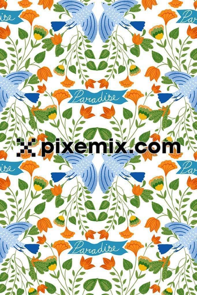Birds of paradise surrounded with floralswith seamless repeat pattern 
