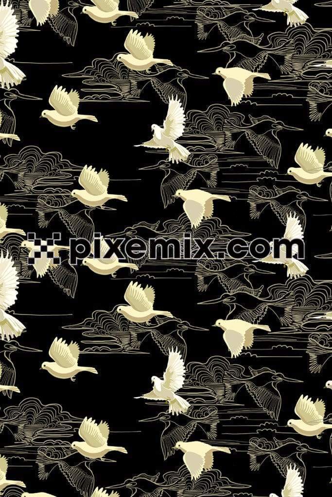 Flock of birds flying with seamless repeat pattern