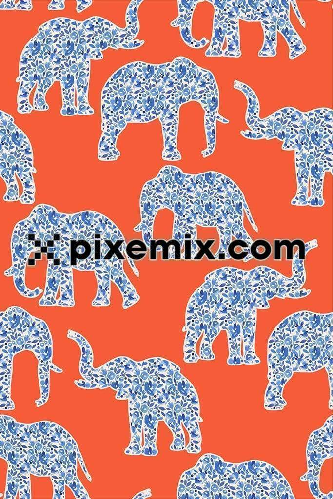 Elephant and doodle leaves product graphic with seamless repeat pattern