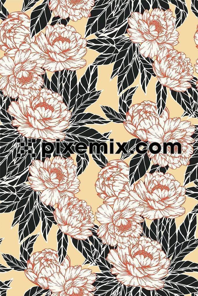 Pink flowers and leaves on peach background with seamless repeat pattern