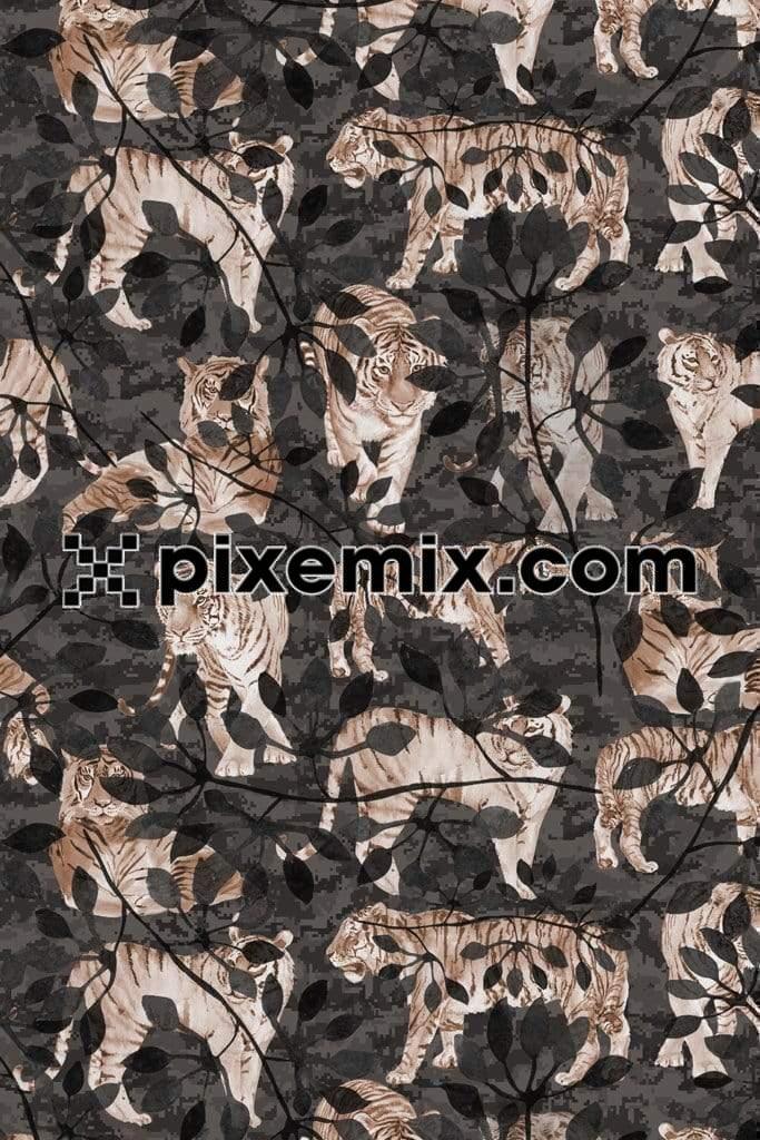 Tigers with exotic tropical leaves with seamless repeat pattern
