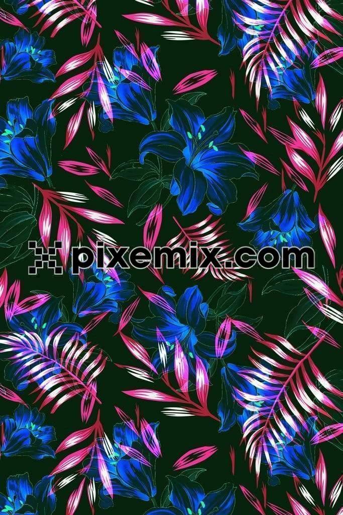 Neon leaves and flowers with seamless repeat pattern