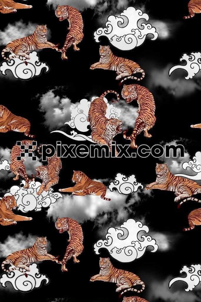 Tigers surrounded with clouds seamless repeat pattern