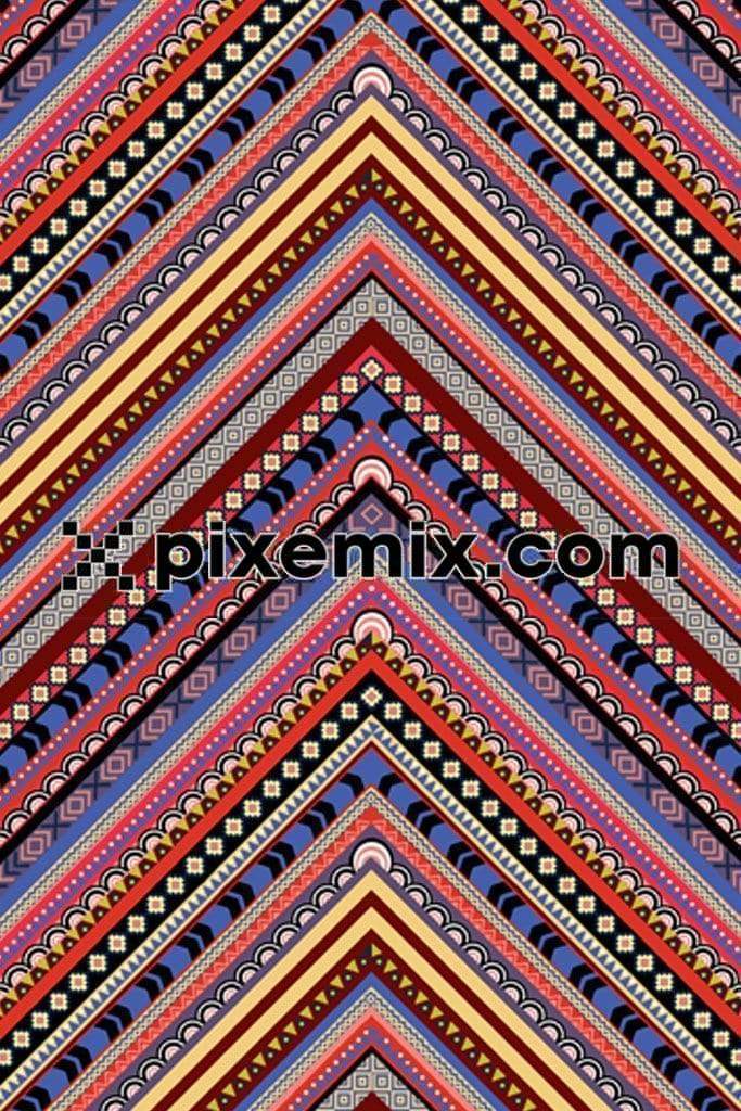 Colourful and geometric tribal art product graphic with seamless repeat pattern