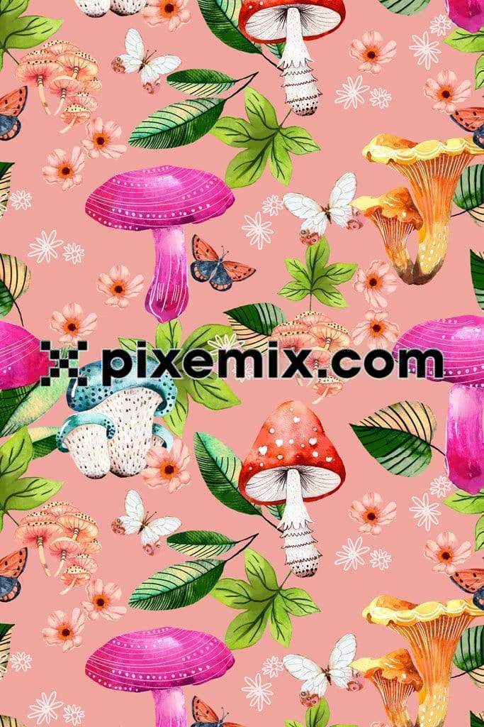 Colourful watercolour mushrooms garden product graphic with seamless repeat pattern