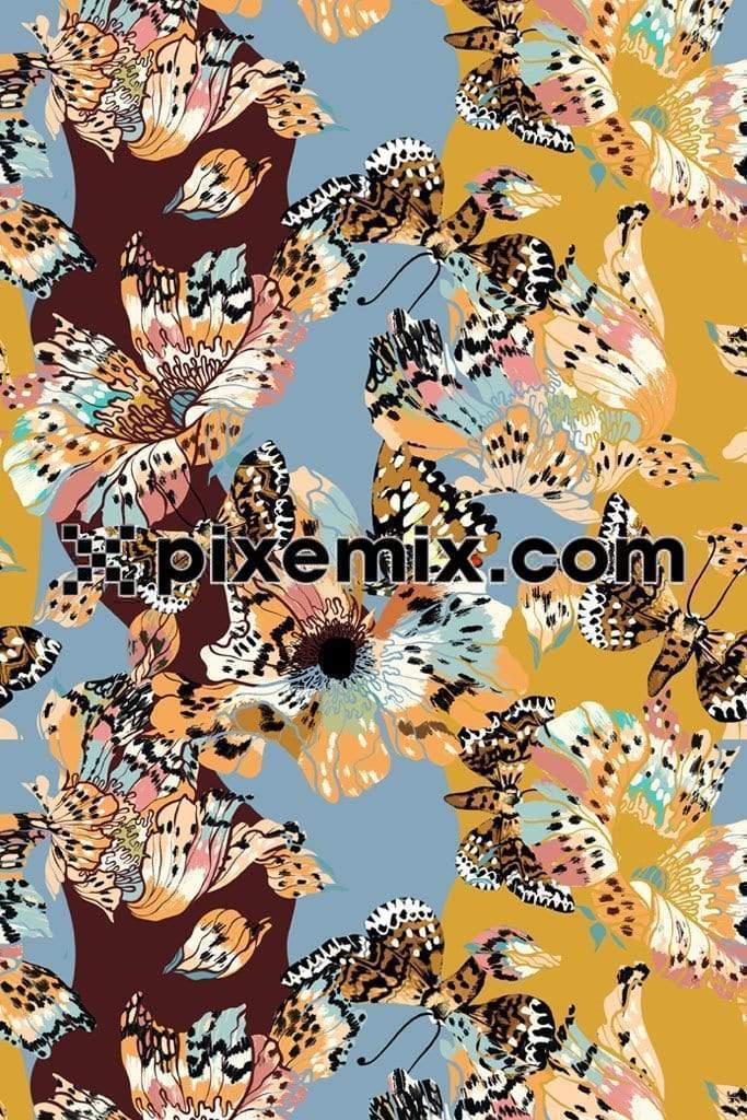 Abstract colorblock butterfly and flowers product graphic with seamless repeat pattern