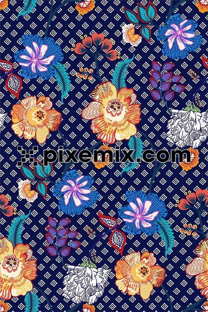 Artistic colourful floral and geometric art product graphic with seamless repeat pattern