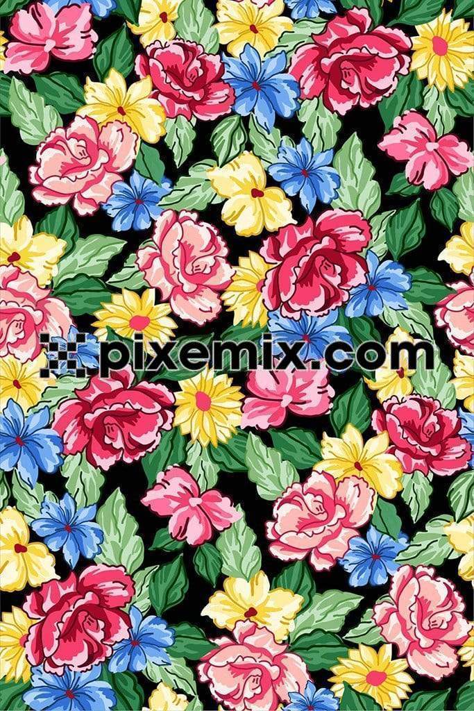 Mixed colourful florals and leaves art product graphic with seamless repeat pattern