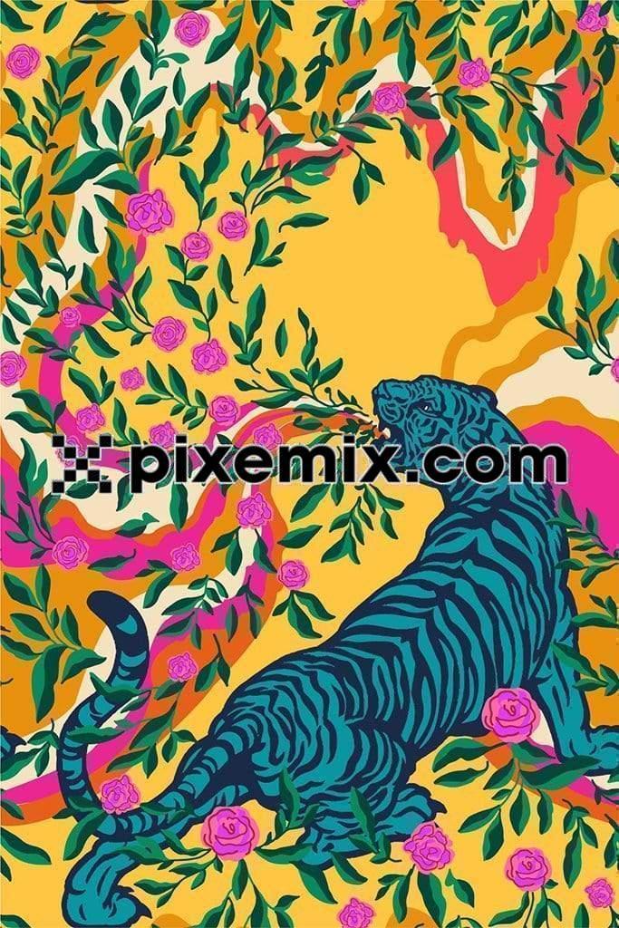 Florals coming out from tigers mouth vector product graphic