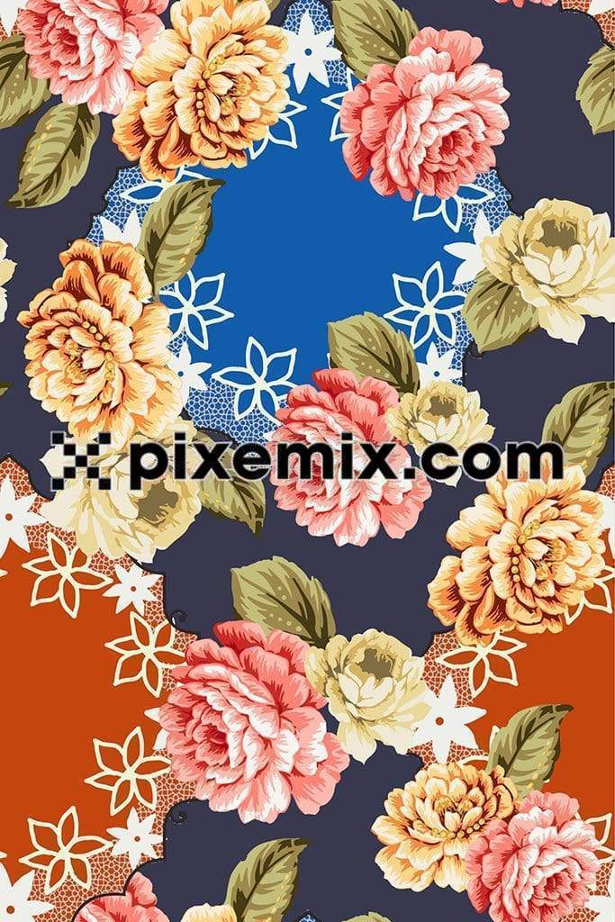 Colorblock floral art vector product graphic with seamless repeat pattern