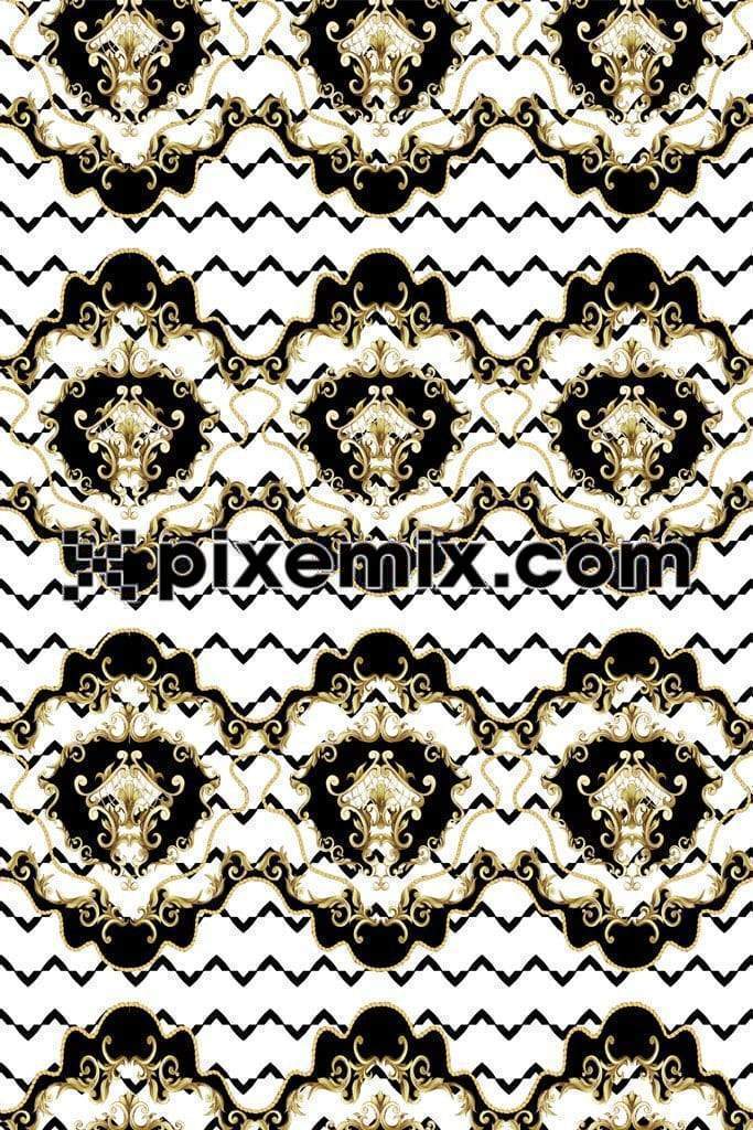 Baroque inspired golden black and white art product graphic with seamless repeat pattern