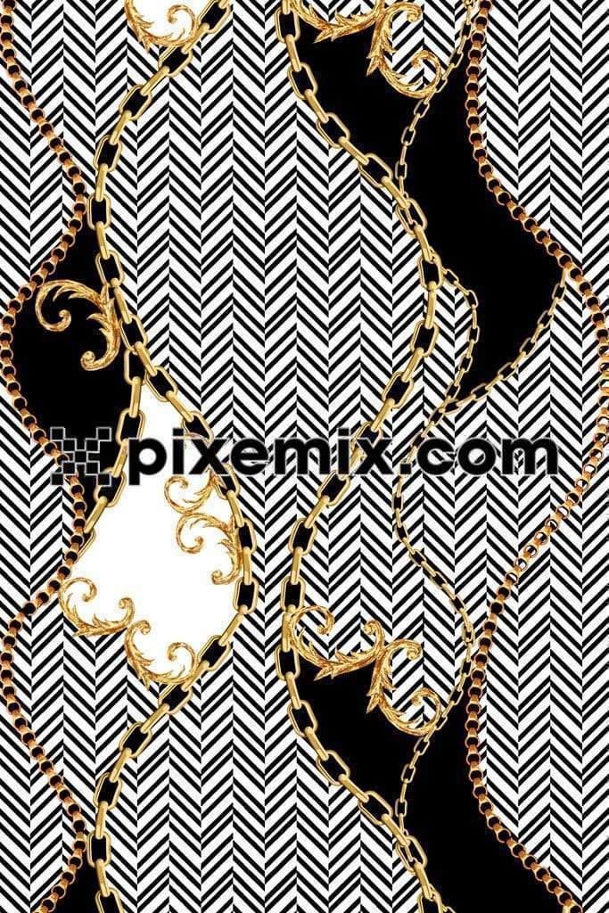 Baroque inspired golden motifs and zig zag art product graphic with seamless repeat pattern