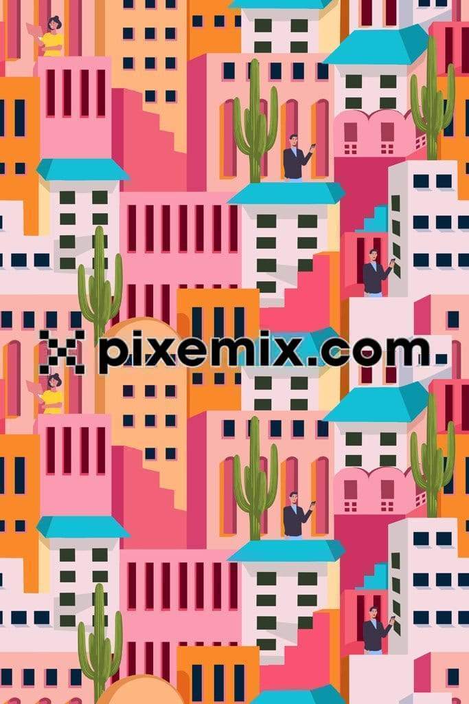 Urban landscape with contemporary buildings product graphic with seamless repeat pattern