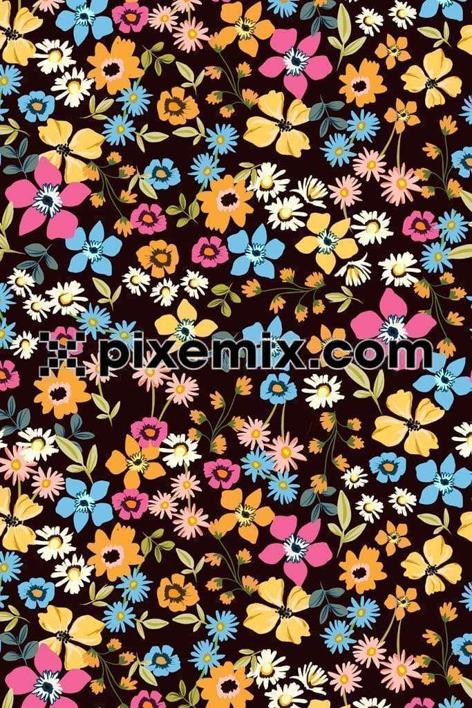 Multicoloured flower patterns product graphic with seamless repeat pattern 