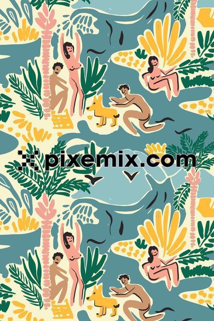 Abstract scenery, humans and animals product graphic with seamless repeat pattern