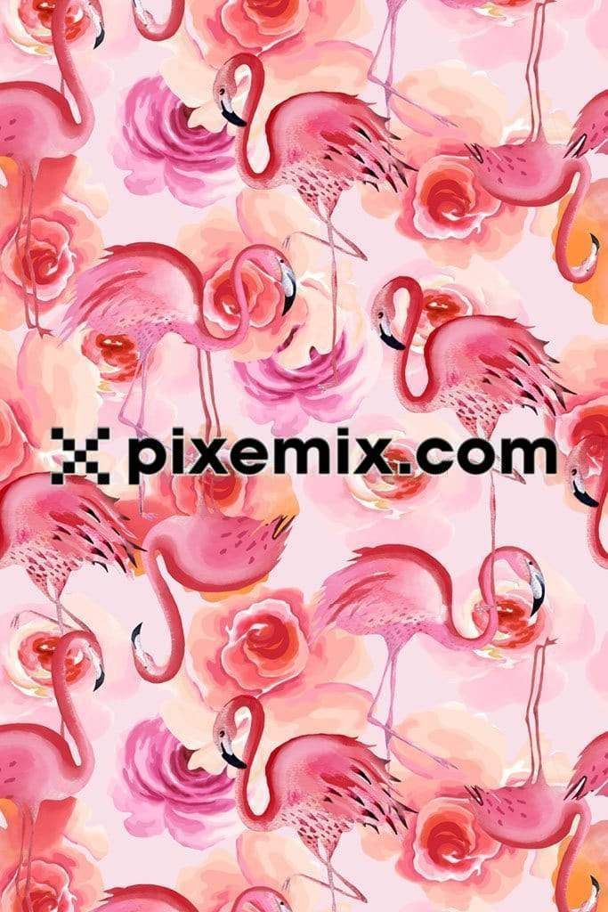 Watercolor pink roses and flamingos product graphic with seamless repeat pattern