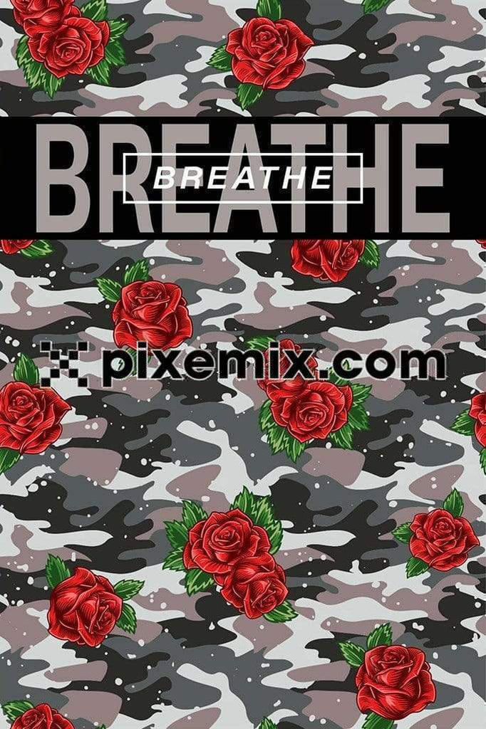 Camouflage rose bunch with typography product graphic seamless repeat pattern 