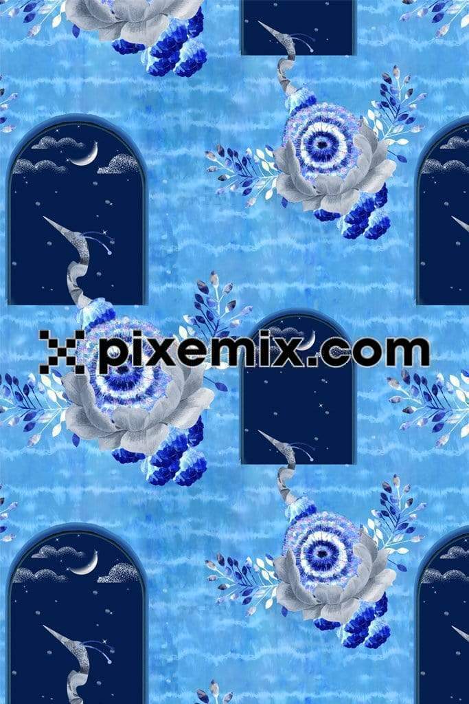 Beautiful birds over tie dye background product graphic with seamless repeat pattern 