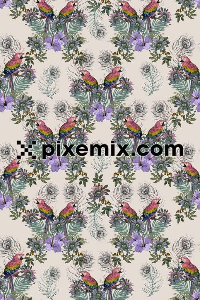 Jungle leaves and parrots product graphic with seamless repeat pattern