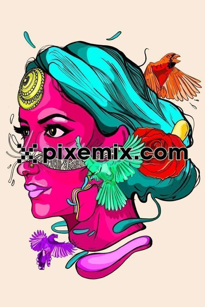 Pop art inspired womens face surrounded with birds vector product graphic