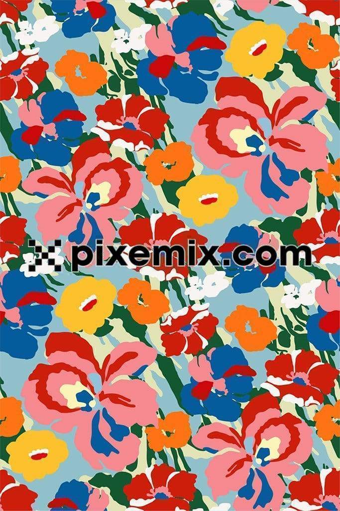 Abstract colourful flowers and leaves product graphc with seamless repeat pattern