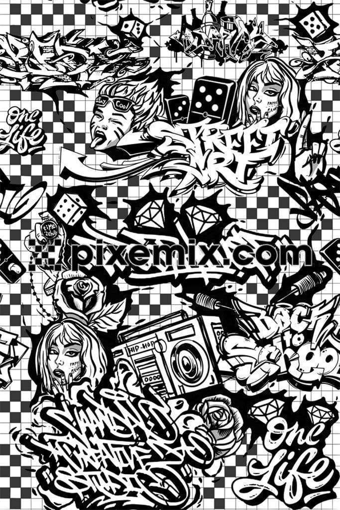 Comic & graffiti inspired  black & white art product graphic with seamless repeat pattern
