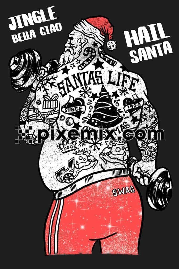 Typography with cartoon santa claus product graphic with seamless repeat pattern