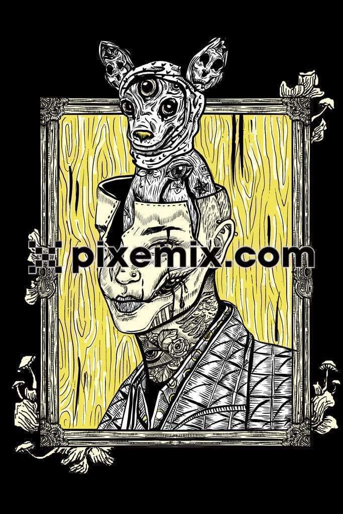 A surreal inspired dog coming out of man head art product graphic